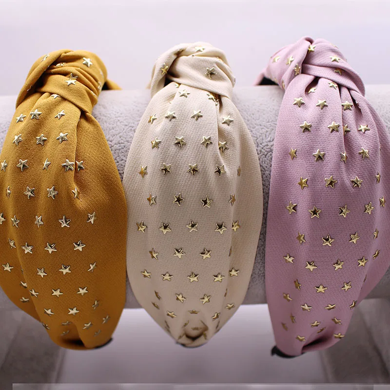 

SUmmer Satin Bohemian Center Knot Hairband With Gold Star Stamping Handmade Headband Hair Accessories