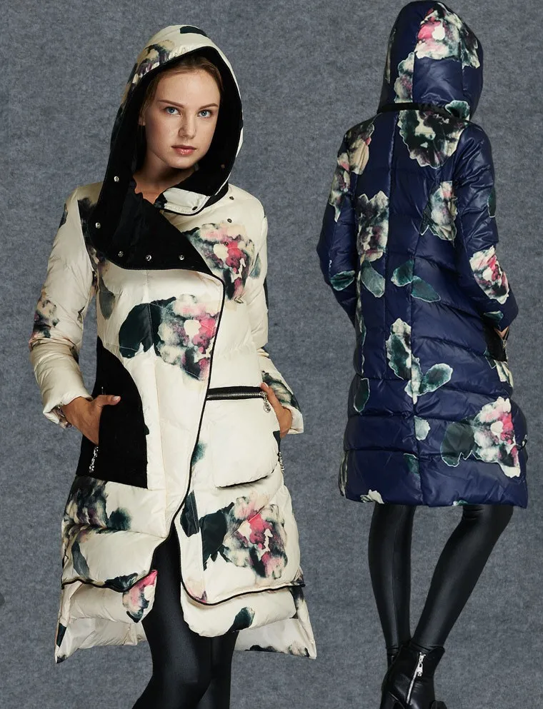 Tcyeek зимняя куртка женская парка Европейский цветочный принт высокое качество белый утиный пух пальто длинное плотное пальто с капюшоном HJ296