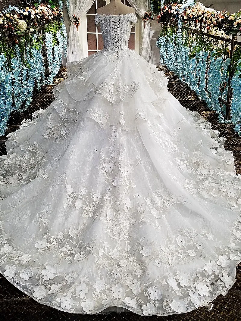 Свадебное платье с кружевами, бисером и цветами vestido de noiva, с короткими рукавами, с аппликацией из органзы, с вырезом лодочкой и кристаллами