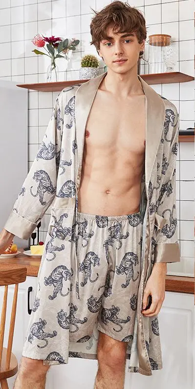 

Fashion Men's Summer Kimono Robe Bath Gown Casual Silky Home Wear Male Nightgown Sleepwear Sleepshirts Pijama Mujer L-XXL