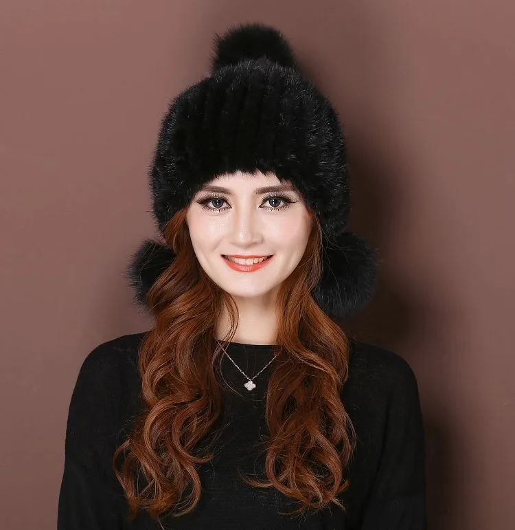 Новое подлинное натуральное вязаное Норковое меховая шапка женская ручная работа модные зимние головные уборы с лисьим меховым шаром