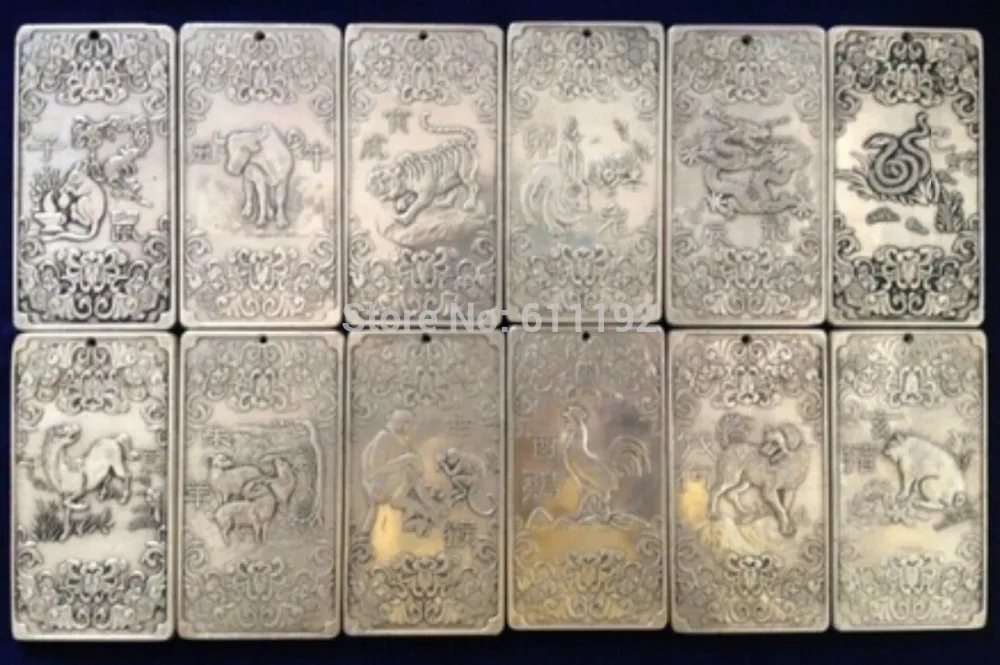 

12Pcs Old Chinese Twelve Zodiac Miao Silver Bullion thanka statue/Sculpture amulet