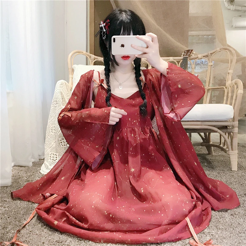 

Japanese sweet lolita set vintage lace bowknot v-neck high waist lolita dress+sun-protective coat kawaii girl gothic lolita set