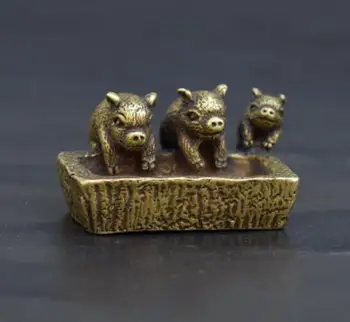 

China archaize solid brass three little pig small statue
