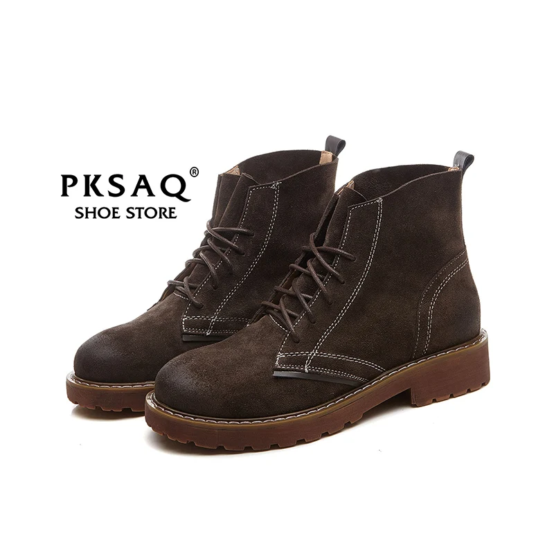 

Lace-up Genuine leather Women Autumn Winter Waterproof Ankle Boots Martin Boots Outdoor Working square heel Boots