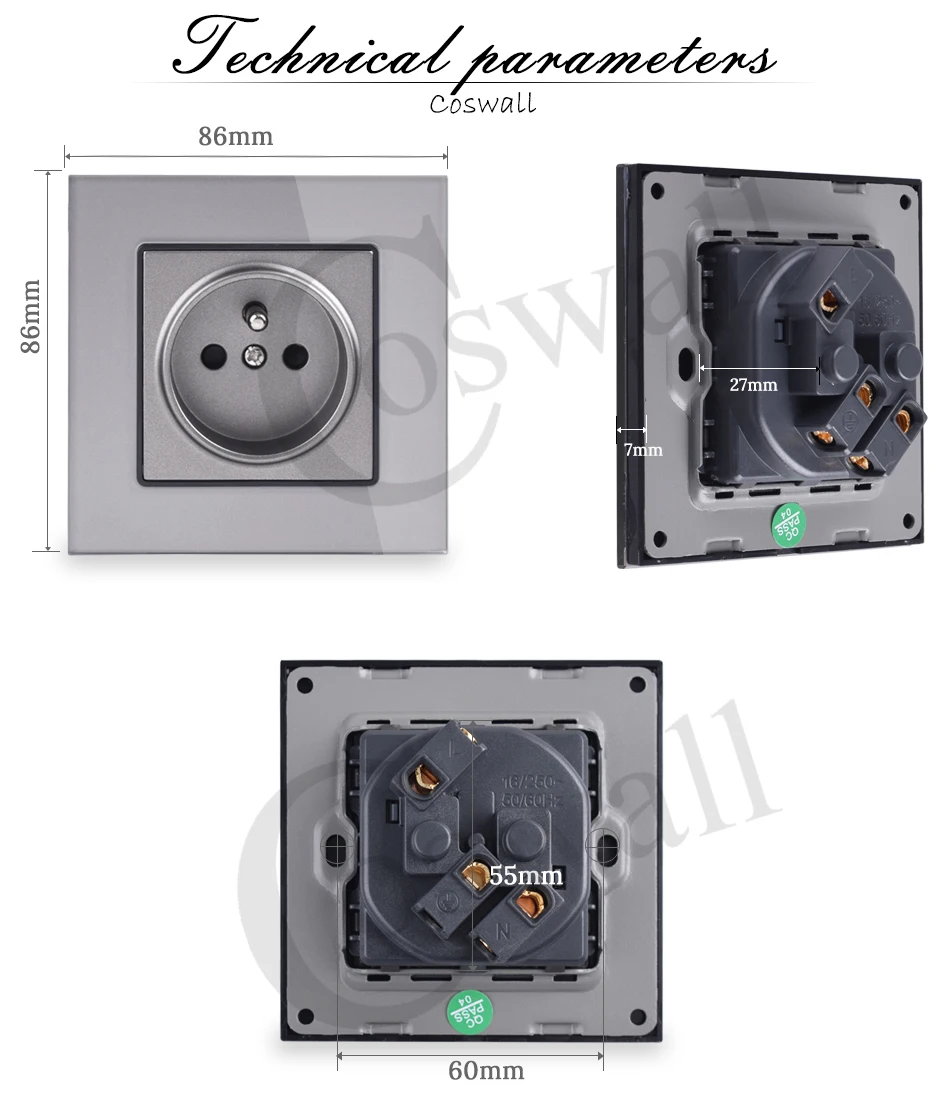 Coswall Хрустальная стеклянная панель настенная розетка с заземлением 16А французский стандарт электрическая розетка Черный Белый Золотой Серый цветной