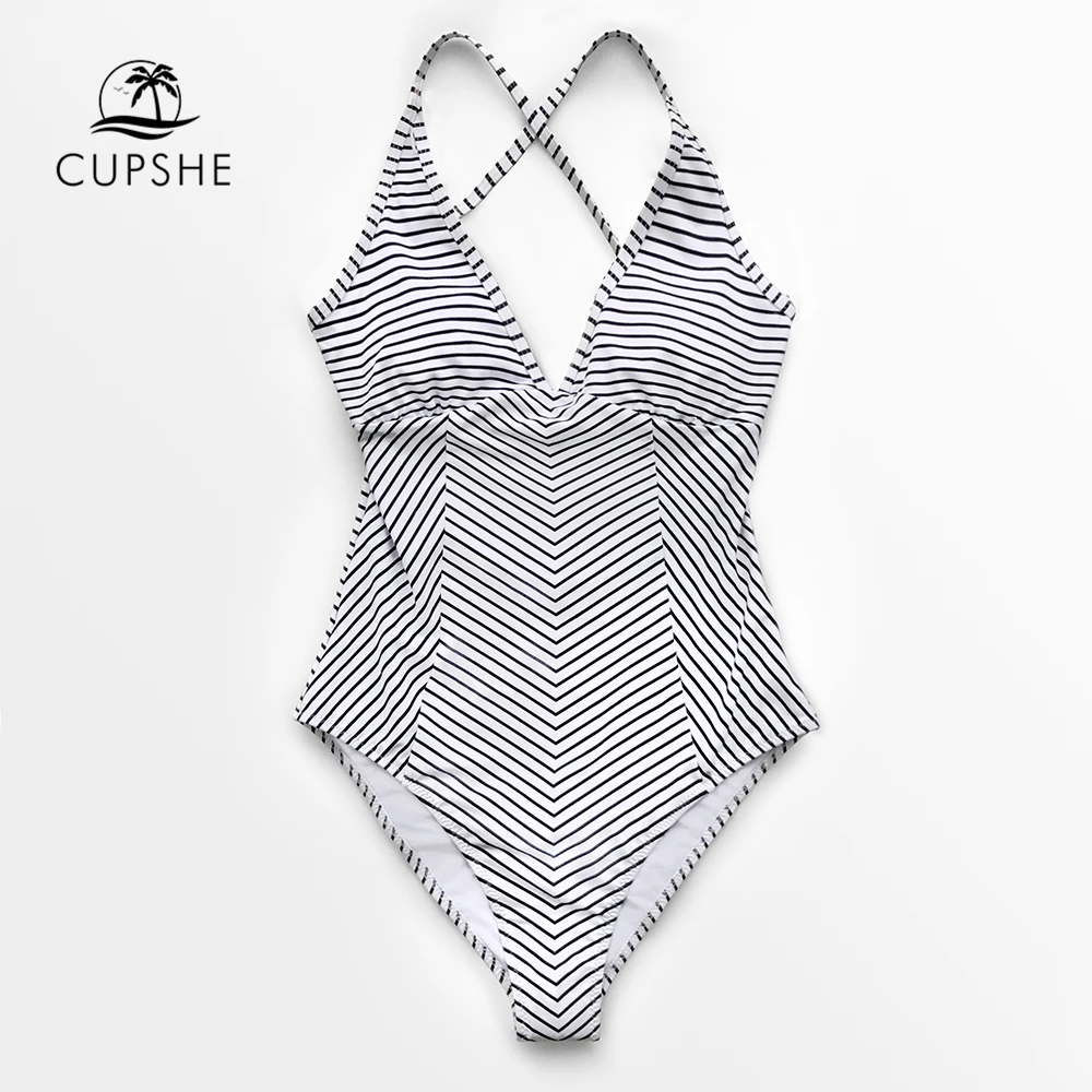 Preise CUPSHE Schwarz Und Weiß Streifen V ausschnitt Einteiliges Badeanzug Frauen Kreuzmuster Monokini 2020 Mädchen Strand Badeanzüge Bademode