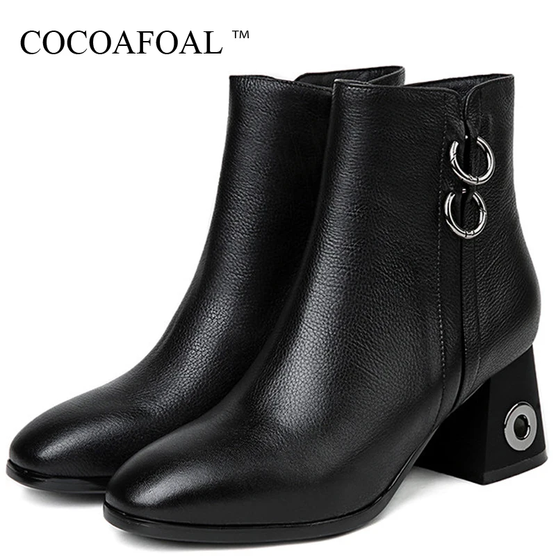 

COCOAFOAL Winter Women's Genuine Leather Ankle Boots High Heels Shoes Woman Chelsea Boots Black Genuine Leather Plus Size Boots
