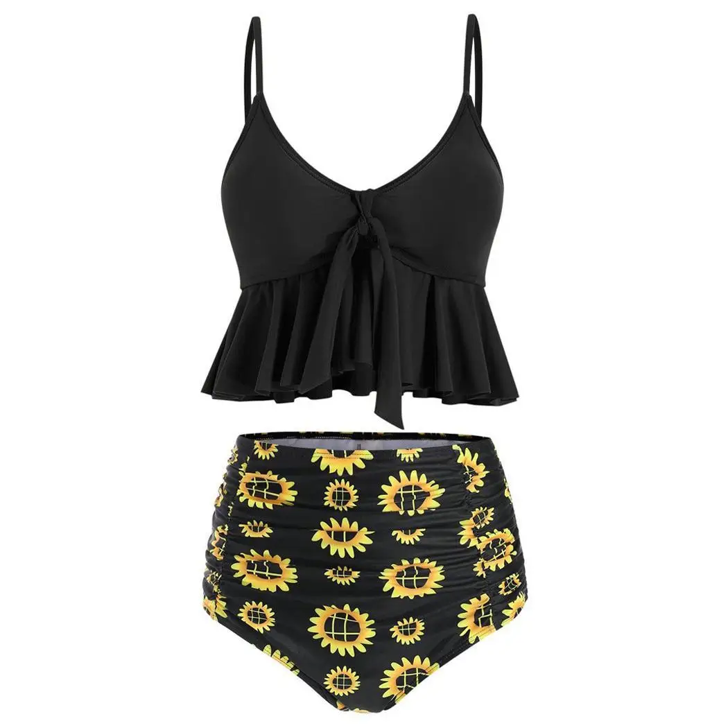 

Women Fashion Floral Print Ruffle High Casual Waisted Tankini Set Sleeveless Swimwear Black, Yellow V Neck