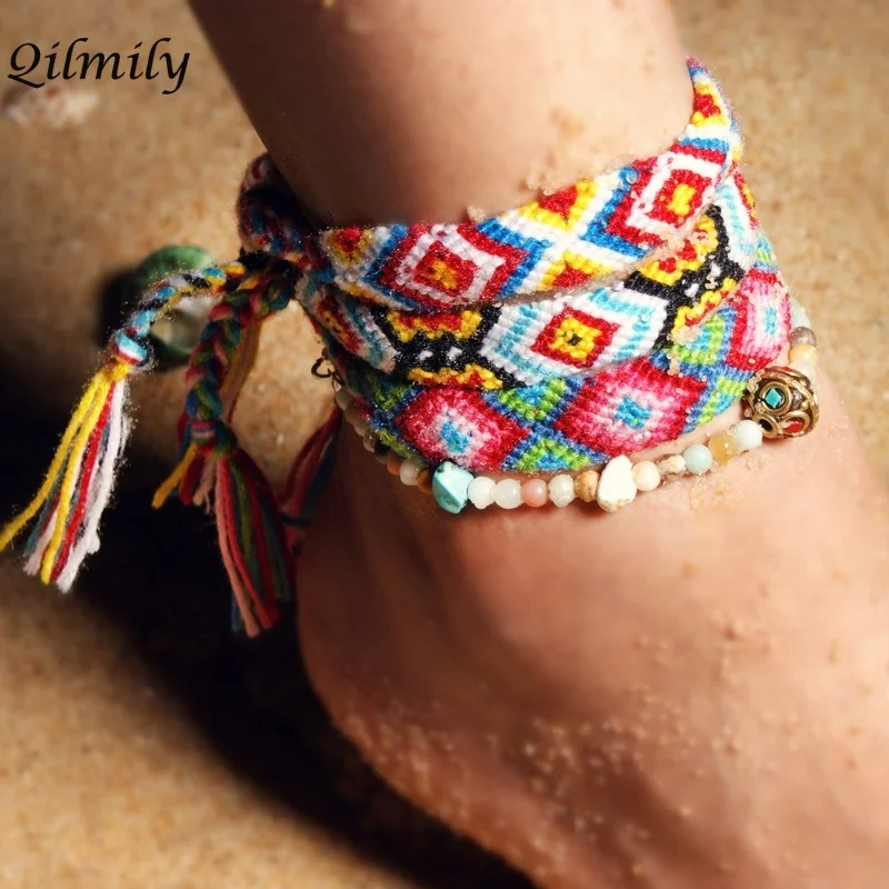 Qilmily Boho ручной тканый пляж Йога браслет на ногу и браслет для женщин Девушка 4 мм Amazon Stone строка Непал молитва коробка украшения подарок