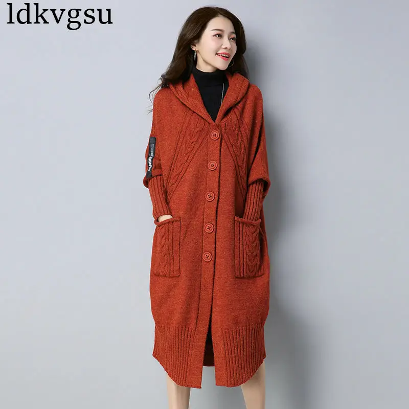 Осенне-зимние вязаные кардиганы больших размеров, свитера, пальто, женские теплые свободные однобортные длинные свитера с капюшоном, куртки A1160 - Цвет: caramel