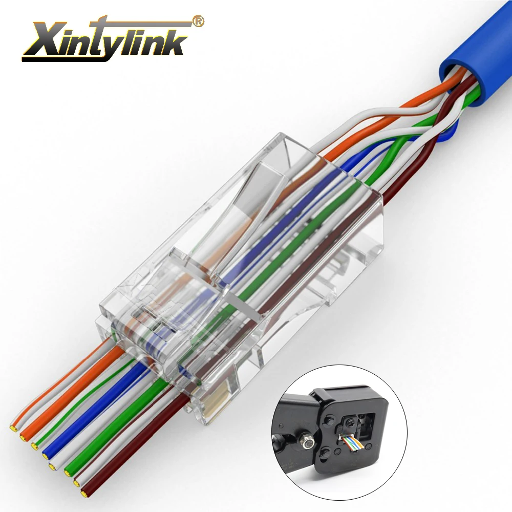 Xintylink ez rj45 conector cat6 rg rj 45 utp ethernet cabo plug rg45 cat5e 8p8c cat 6 lan rede modular cat5 jack 20/50/100