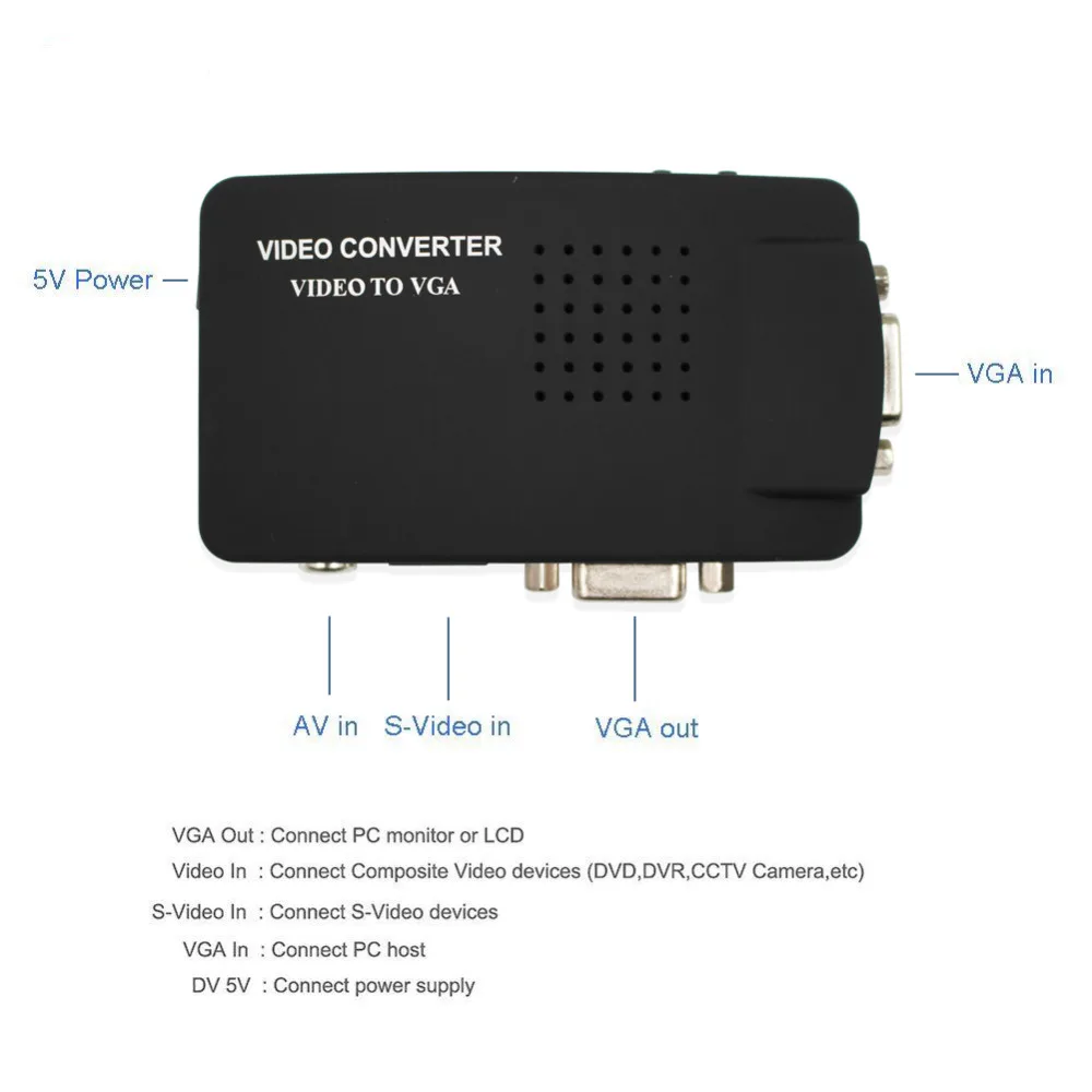 Wiistar PC Laptop RCA Composite Video TV S-Video AV In to PC VGA LCD Out Converter Adapter AV to VGA Switch Box Black