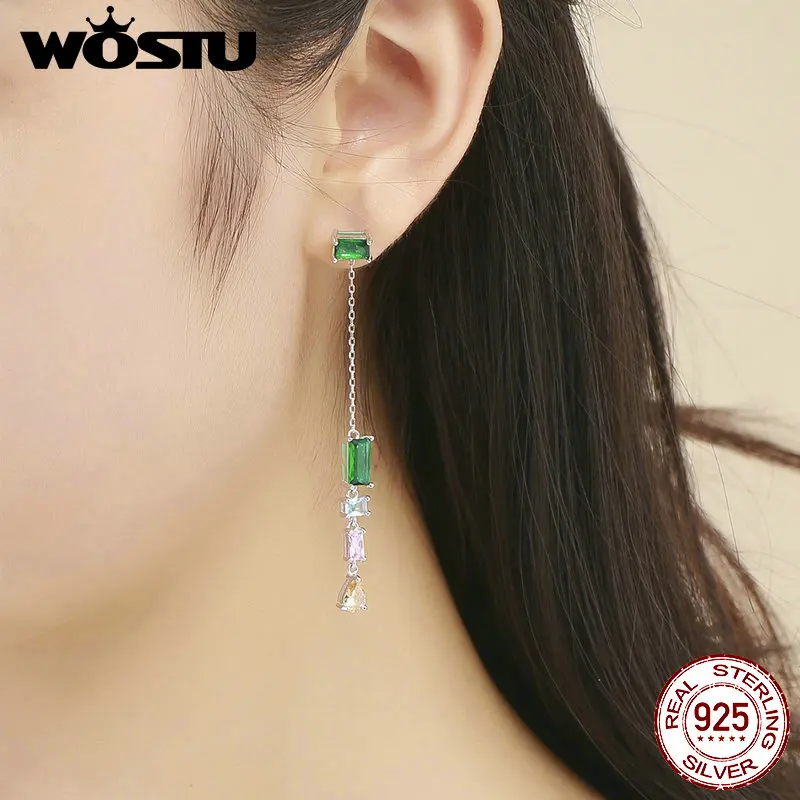 WOSTU новые трендовые 925 пробы серебряные многоцветные CZ Висячие серьги для женщин Роскошные серебряные ювелирные изделия подарок для девушки CQE408