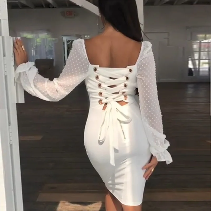 

Women Sexy Backless Square Collar Dress 2019 Summer Back Lace Up Flare Sleeve Dress Woman Knee-Length Pencil Party Dresses