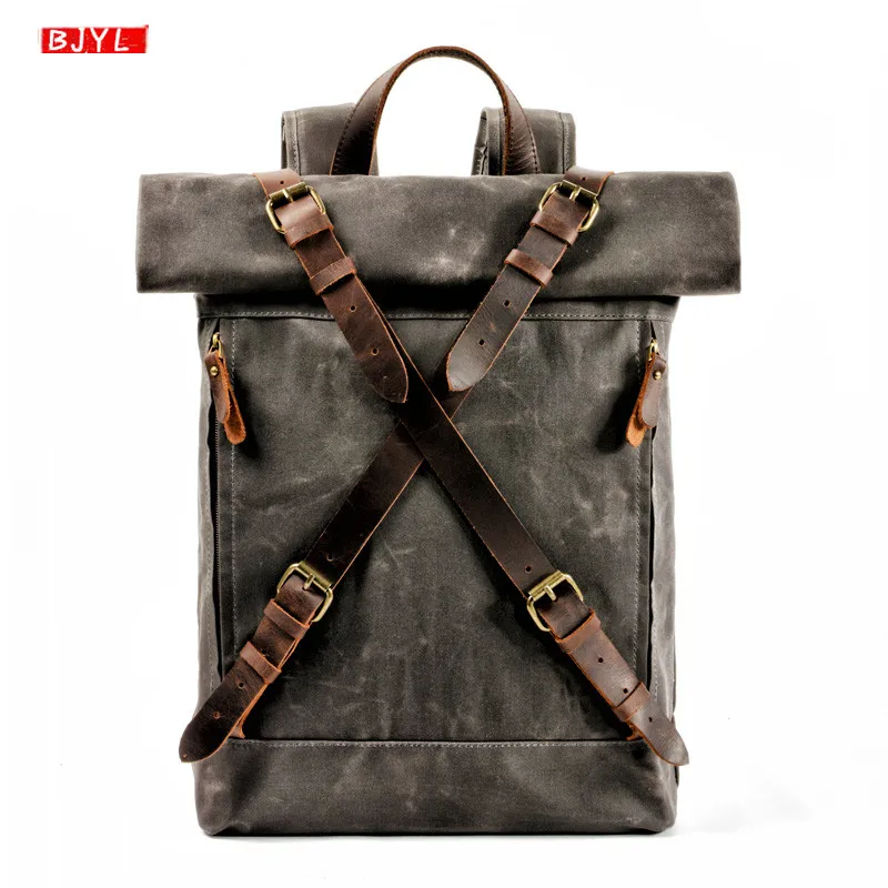 

New waterproof men's Backpack retro oil wax canvas with leather shoulder bag wild travel laptop backpack male casual outdoor bag