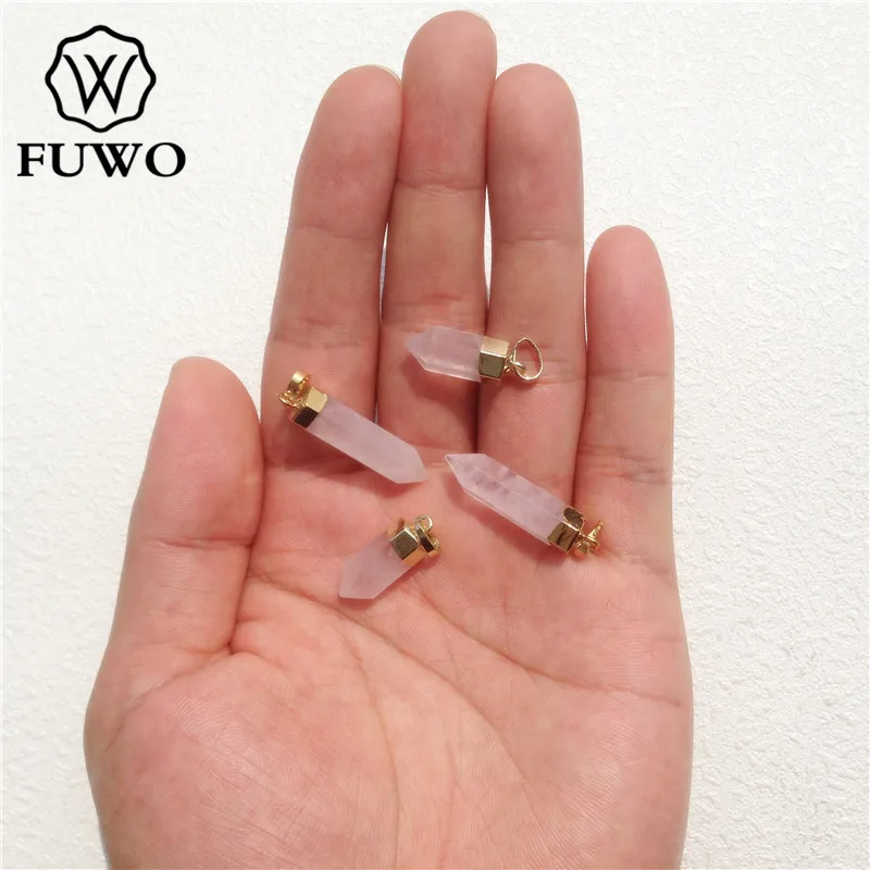 FUWO розовый кварц точечная Подвеска 24 K золотой Гальванизированный высококачественный шип форма сырая розовая кристальная палочка ювелирные изделия оптом PD119