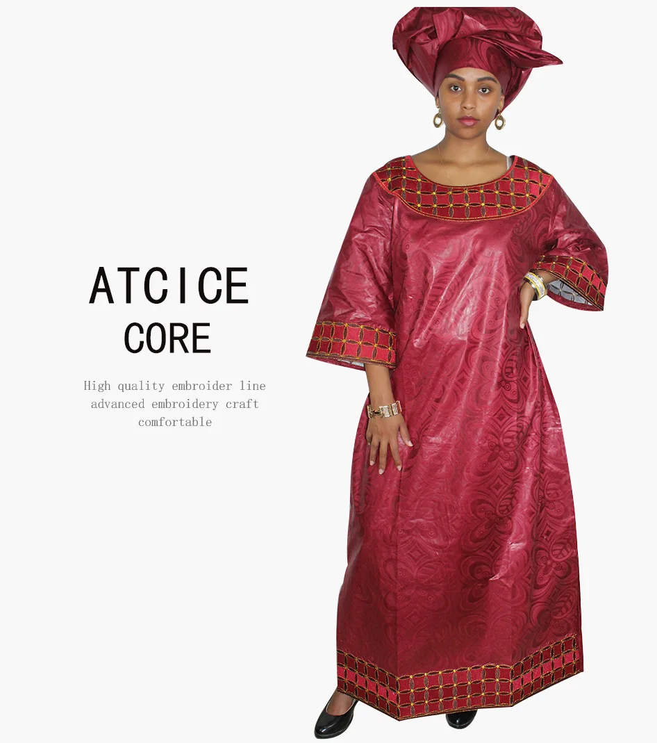 Разные цвета, хлопок, африканские платья для женщин, новинка, Африканский Базен, вышивка, длинное платье с шарфом A217