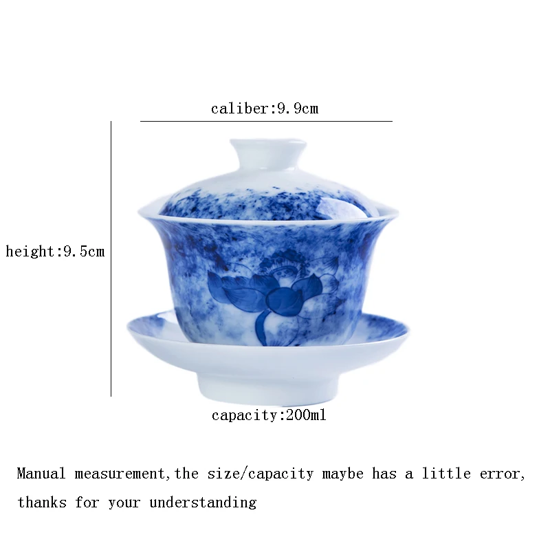 200 мл Цзиндэчжэнь голубой и белый фарфор Gaiwan ручная роспись лотоса Супница керамическая чайная чашка подглазурная чайная посуда