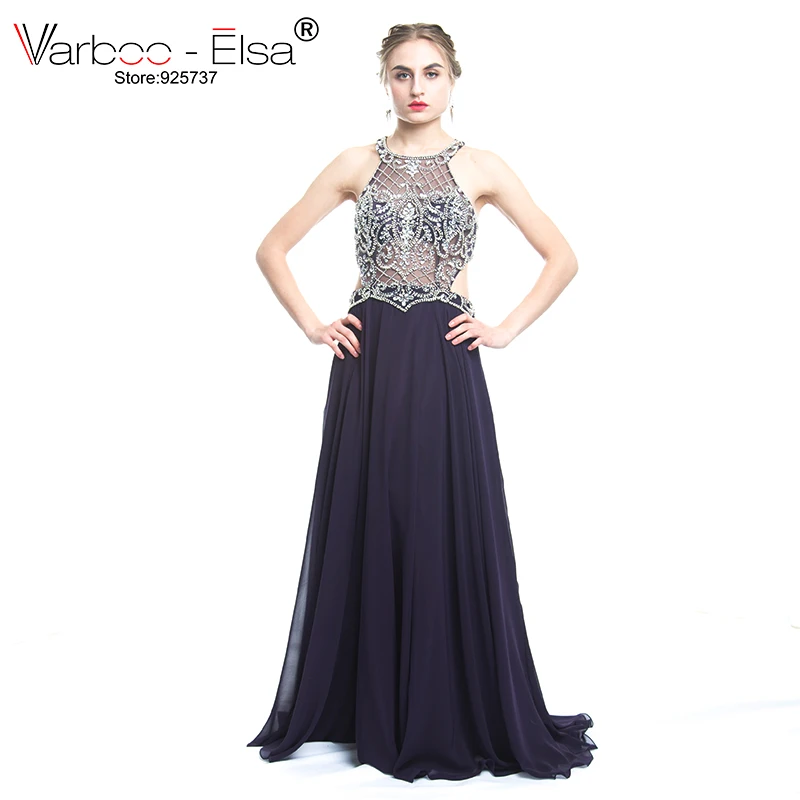Varboo_elsa выдалбливают Выпускные платья без рукавов Кристалл Vestido De Festa пол Длина вечернее платье See Through Кружево шифоновое платье