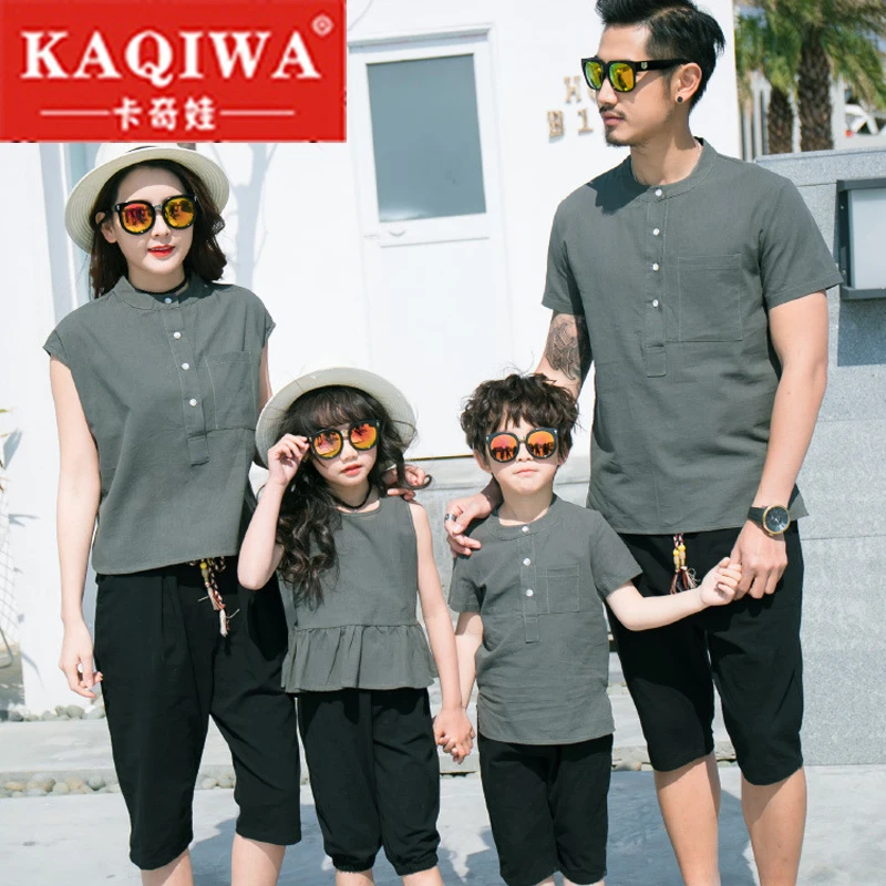 

Summer of 2019 a family of three-mouth-four-mouth Korean fashion Solid cotton-linen white short-sleeved breathable family suit