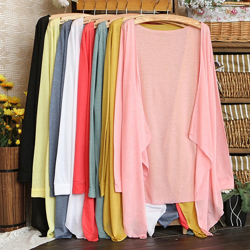 

Summer Thin Women's Cardigan Sunscreen Long Sleeve Solid Tops Cotton Blend Cardigans Sun Protection Long Cardigans Blouses