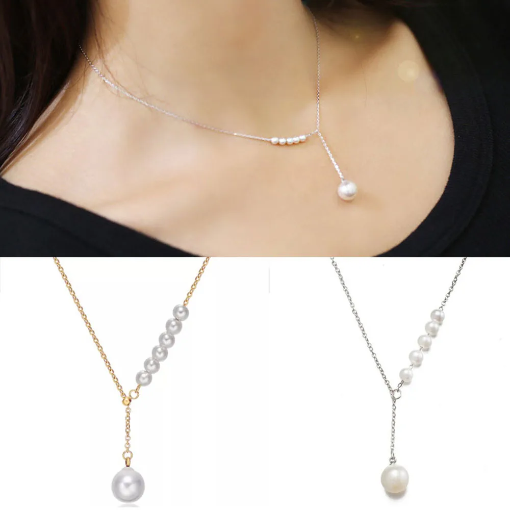 

1Pc Imitation Pearl Long Chain Korean Classic Design Drop Pendant Necklace Bohemian Fashion Geometric Charm Jewelry Gift