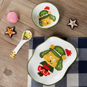 

Children's tableware set Creative hand painted Tiger father ceramic dinner set Cute cartoon animal relief bowl plate set HJ01.15