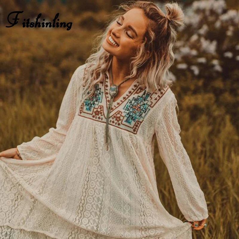 

Fitshinling Bohemian style embroidery lace beach dress holiday 2019 long sleeve vintage white pareos knee-length dresses women