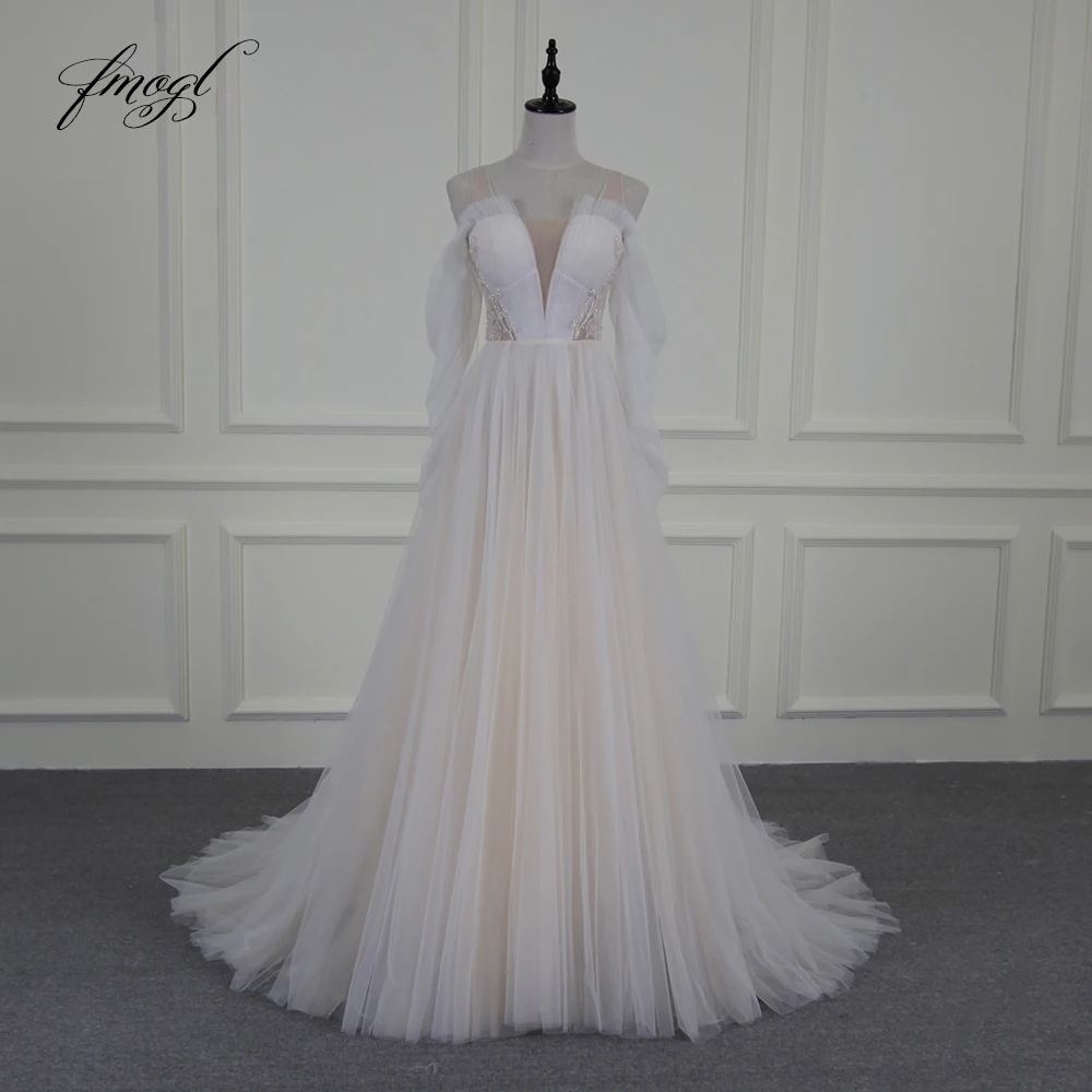 Fmogl Vestido De Noiva Сексуальная Иллюзия Пляжные Свадебные платья 2019 V шеи бисером жемчуг