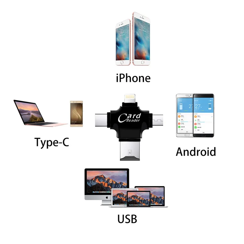 Kismo 4 в 1 Micro SD кард-ридер Lightning/type-C OTG кард-ридер для iphone 6 7 8 Plus samsung S8 S9 OnePlus 5 6