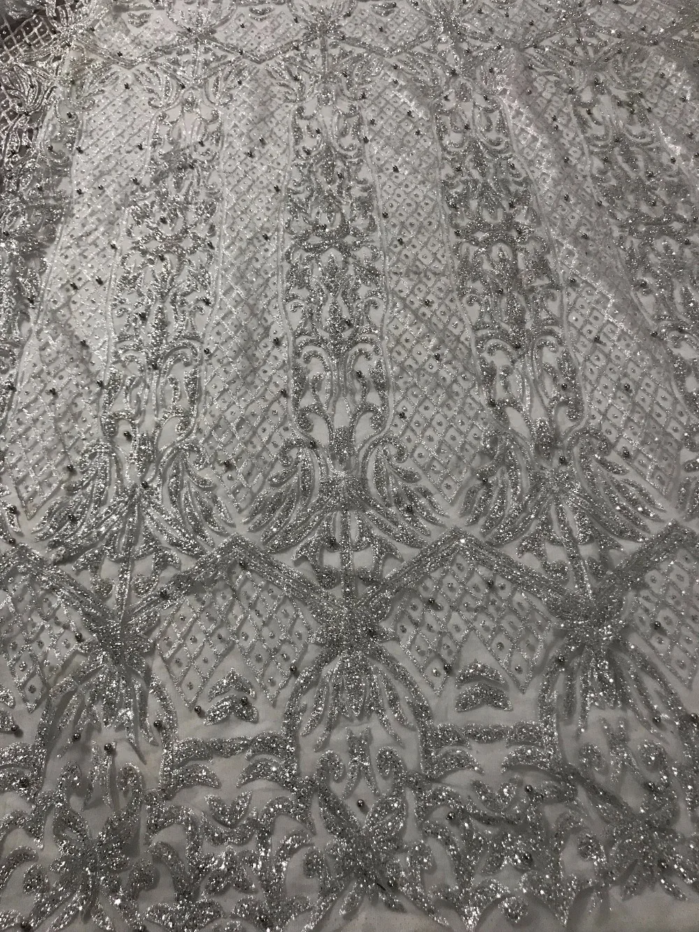 

unique 5yards glued print glitter tulle mesh fabric z-han3960 hot sale with beads for evening dress