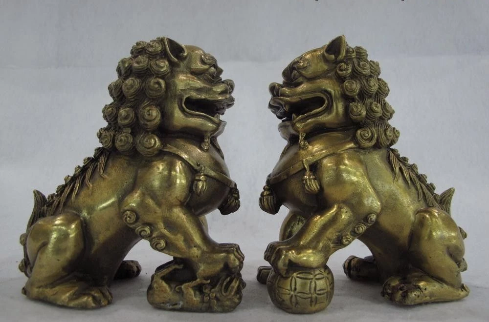 Tibet classical brass copper carved foo dog lion beast fengshui figurine Statue | Дом и сад
