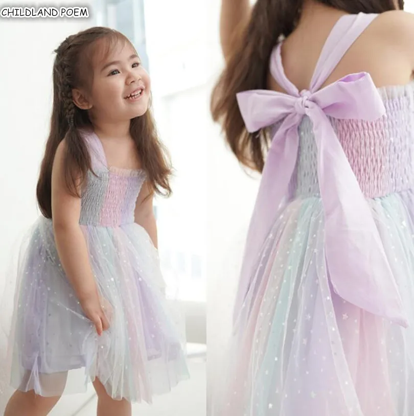 

Girls Dress Summer Kids Dresses For Girls Bling Star Backless Todder Dress Rainbow Color Princess Birthday Wedding Party Dress