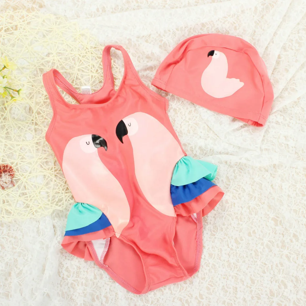 

Baby Girl bathing suit One Piece swim wear Girls Swimsuit Cartoon Parrot Swan Flamingo Kids Swimwear with Swimming Cap