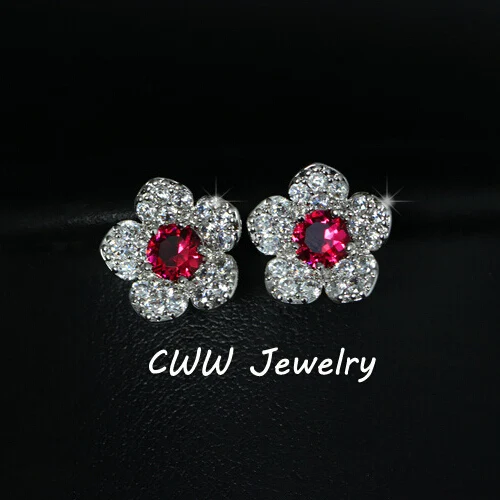 

CWWZircons Fashion Red Crystal Jewelry White Gold Color AAA+ Cubic Zirconia Pave Cute Flower Stud Earrings For Ladies CZ222