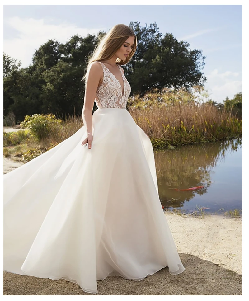 

LORIE A Line Wedding Dress 2019 Elegant Top Lace Bride Dresses Sexy V Neck Organza Bridal Gown For Women Boho