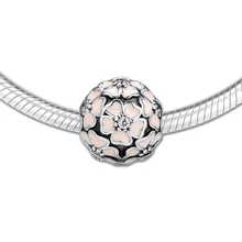 Подходит Пандора браслеты эмалированный розовый зажим талисманы Цветок персика бусины проложить 925 Серебряная Марка DIY бусины европейские ювелирные изделия