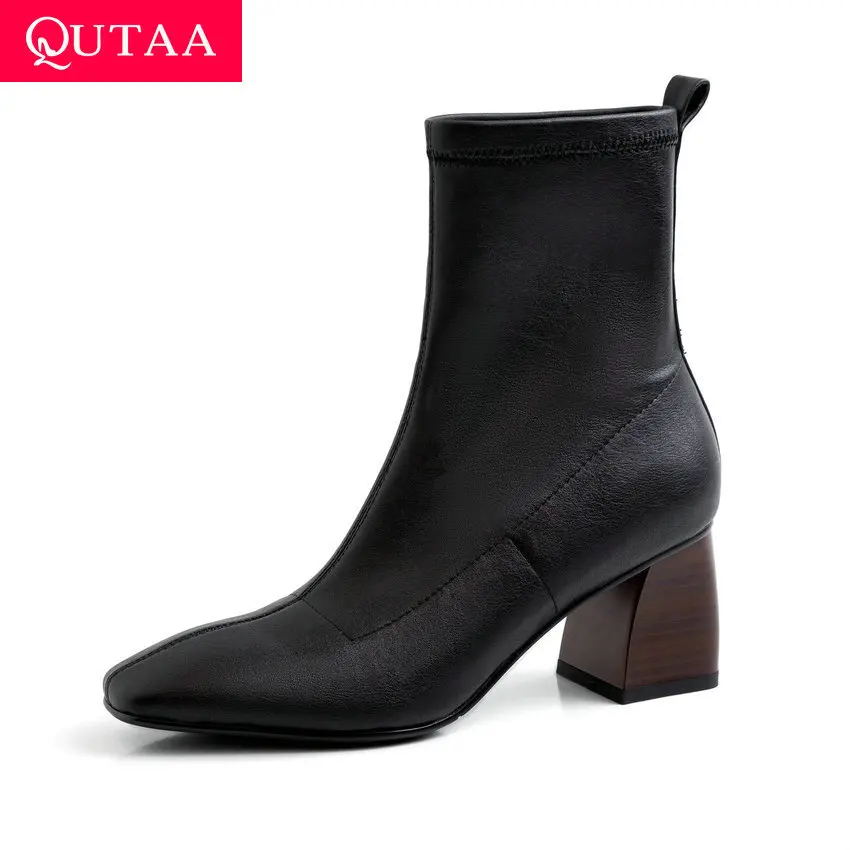 

QUTAA 2020 Comfort Thick Heel Ankle Boots PU Leather Leisure Women Shoes Retro Square Toe Slip on Fashion Women Boots Size 34-39
