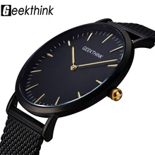 GEEKTHINK Top Luxury Brand Quartz watch men Black Casual Japan Movt stainless steel Mesh strap ultra thin clock male