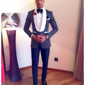 

2017 New smoking Fashion Navy Blue Dots Men Wedding Suits Jacket With Pant Mens Party Suit Tuxedo Groomsmen terno masculino