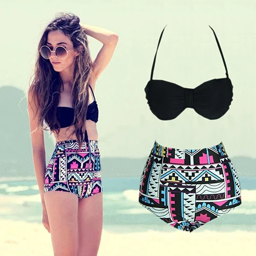 

Women Retro Sexy High Waist Bikini Set Bandeau Push Up Halter Swimwear Swimsuit  BHQG