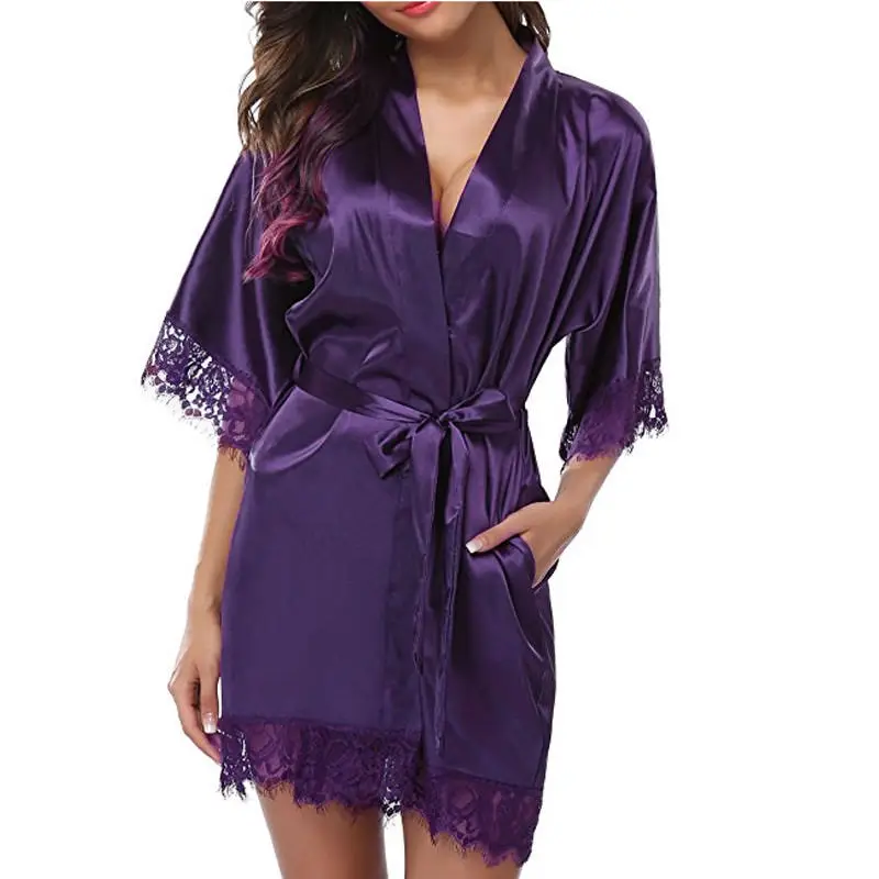 Женские сексуальные простые шелковые атласные кружевные тонкие мягкие халаты Банные Пижамы Экзотические наборы платьев - Цвет: Фиолетовый
