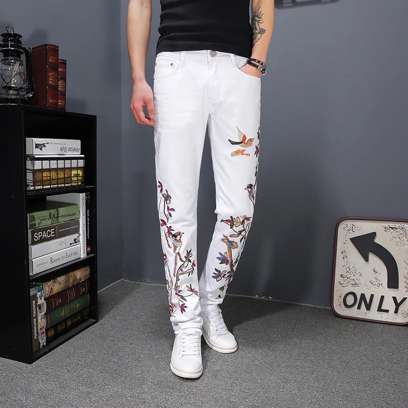 

Men's White Long Trousers Chinese Style Slim Animal Embroidery Flowers Pants Pencil Pants Plus Size C14