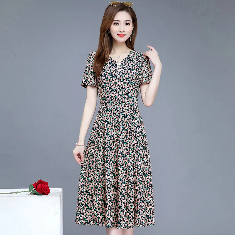 

Women Korean Style Spring Summer Dresses Lady Casual Short Sleeve V-Neck Flower printed A-Line Dress Vestidos SS039