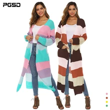 PGSD Autumn winter casual splicing color stripes forks Big pocket loose knitted Thickened sweater Long cardigan Women clothes slimming v neck color splicing patch pocket long sleeves cardigan for men