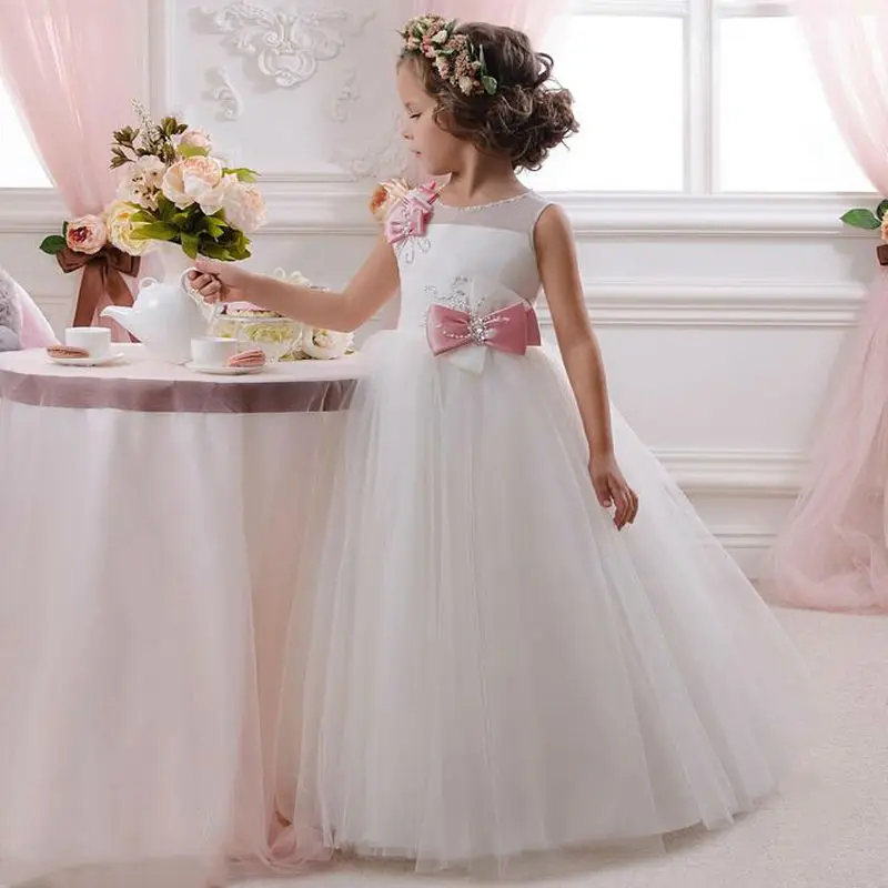 

Flower Girl Dress Ball Gown Sleeveless O-neck Bow Crystals Bows Custom Made For Wedding Party Gown 2017 New Arrival Vestidos