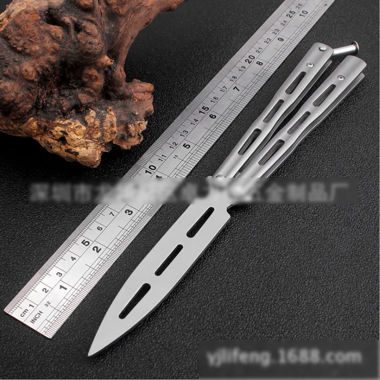 No sharp steel Butterfly Knife font b Toys b font Practice Silver Red Trainer Folding Knives