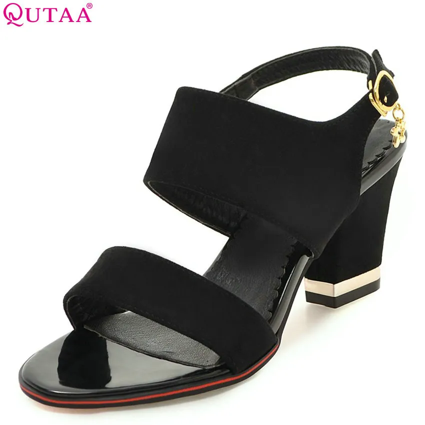 

QUTAA 2018 Women Sandals Flock Fashion Women Shoes Platform Buckle Square High Heel Solid Round Toe Women Sandals Size 34-43