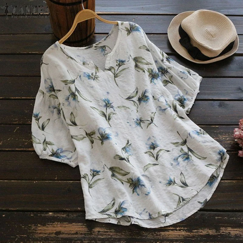 Najtaniej 2018 ZANZEA Lato Bluzka Eleganckie Kobiety O Neck Latern Rękawem Floral drukuj Pościel Bawełniana Koszula Dorywczo Luźne Pracy OL Top Plus Size